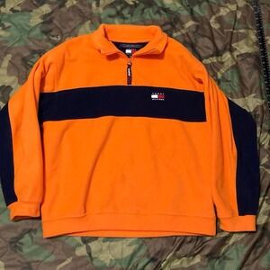 Tommy‎ Hilfiger 90s orange navy quarter zip fleece flag striped